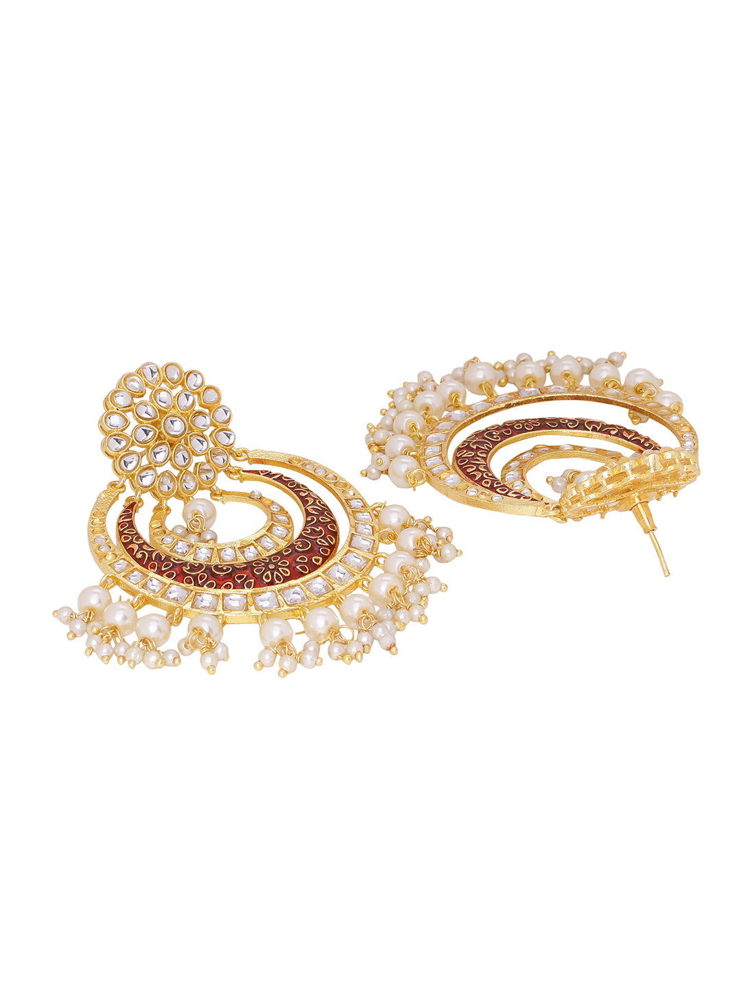 Shoshaa Red & Off-White Kundan Studded & Beaded Crescent Shaped Chandbalis | Grocsy