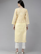 ADA Women Cream-Coloured & White Ethnic Motifs Embroidered Chikankari Cotton Kurta | Grocsy