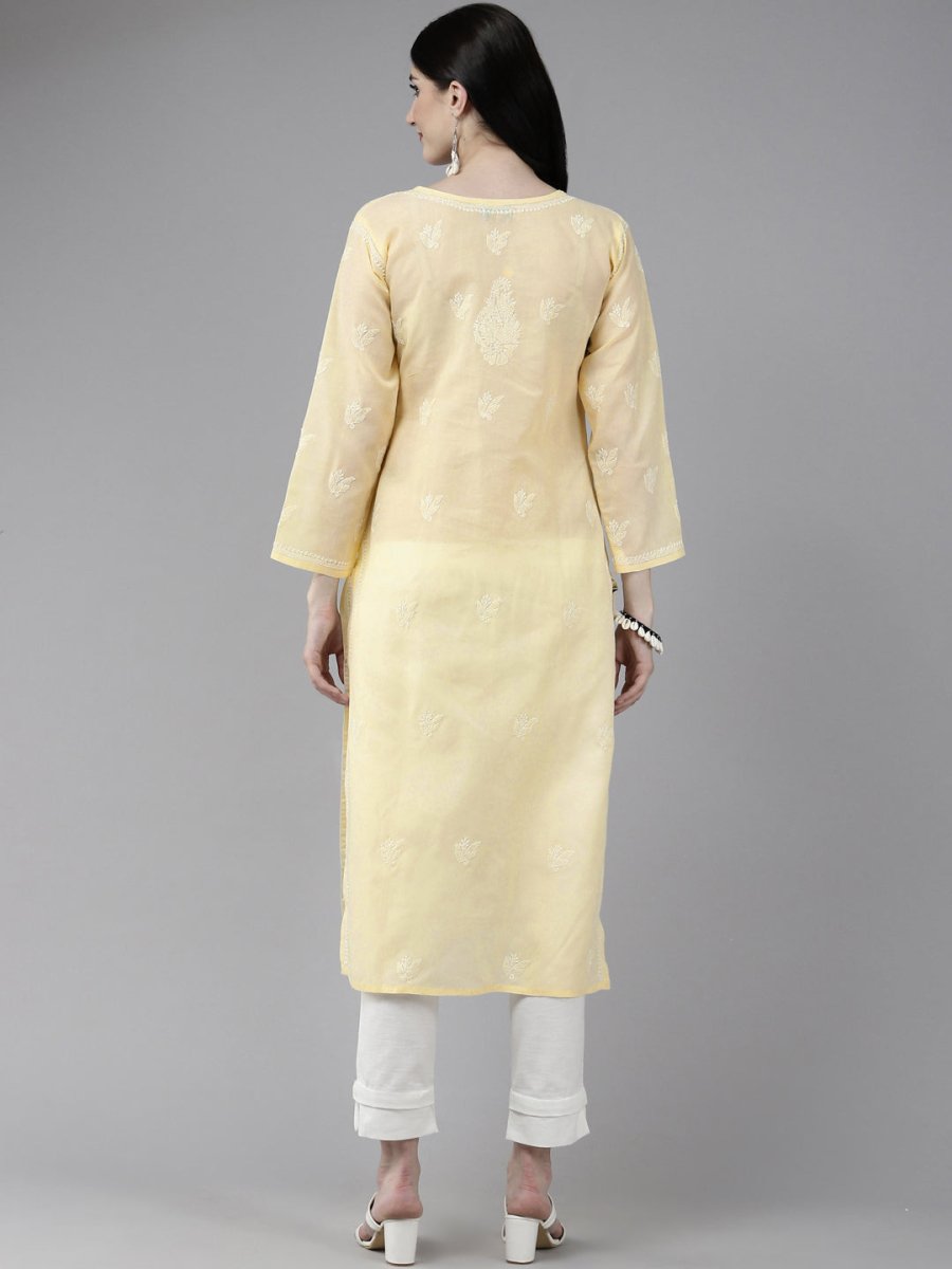 ADA Women Cream-Coloured & White Ethnic Motifs Embroidered Chikankari Cotton Kurta | Grocsy