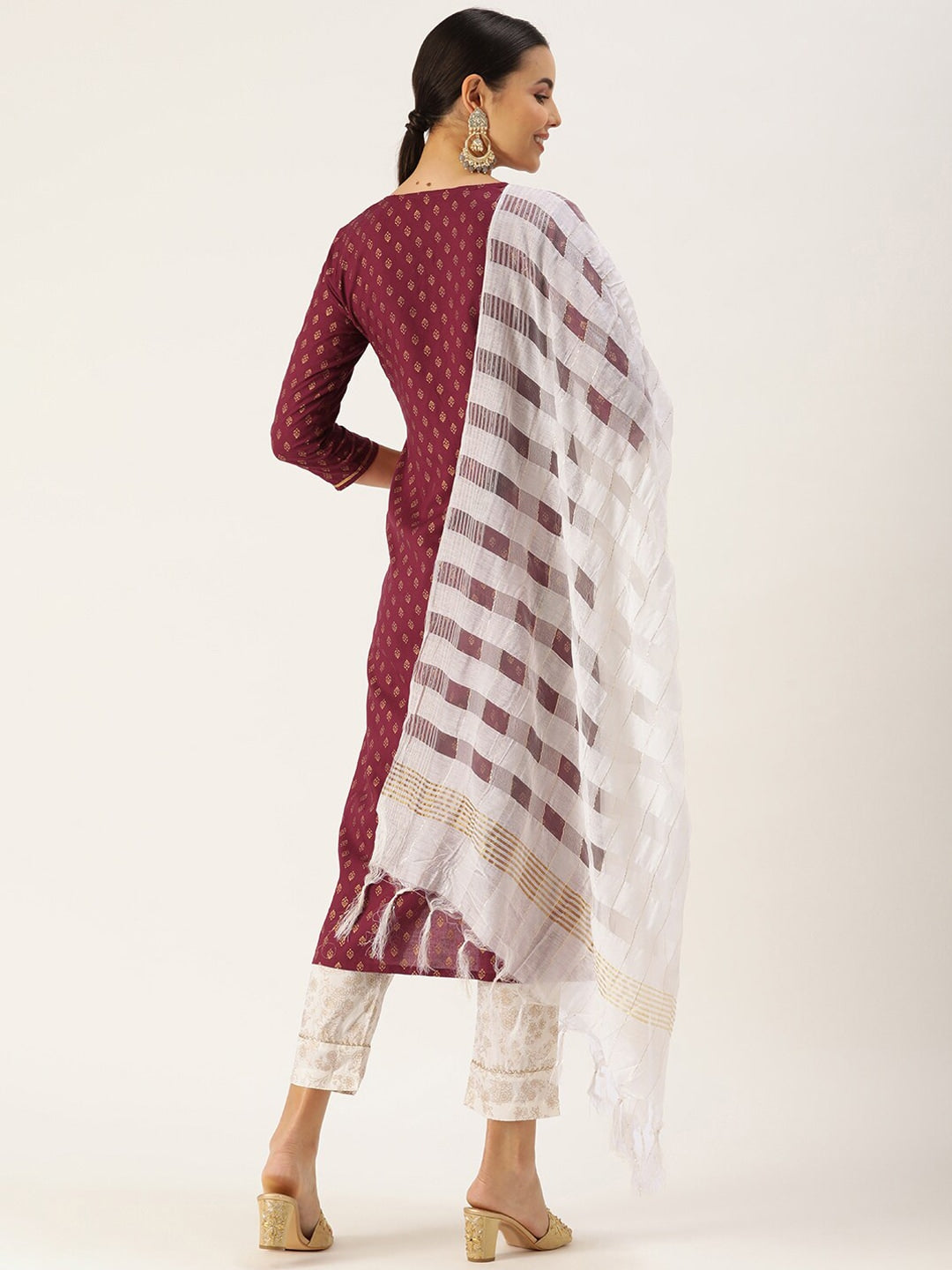 HERE&NOW Women Maroon Ethnic Printed Kurta with Trousers & With Dupatta | Grocsy