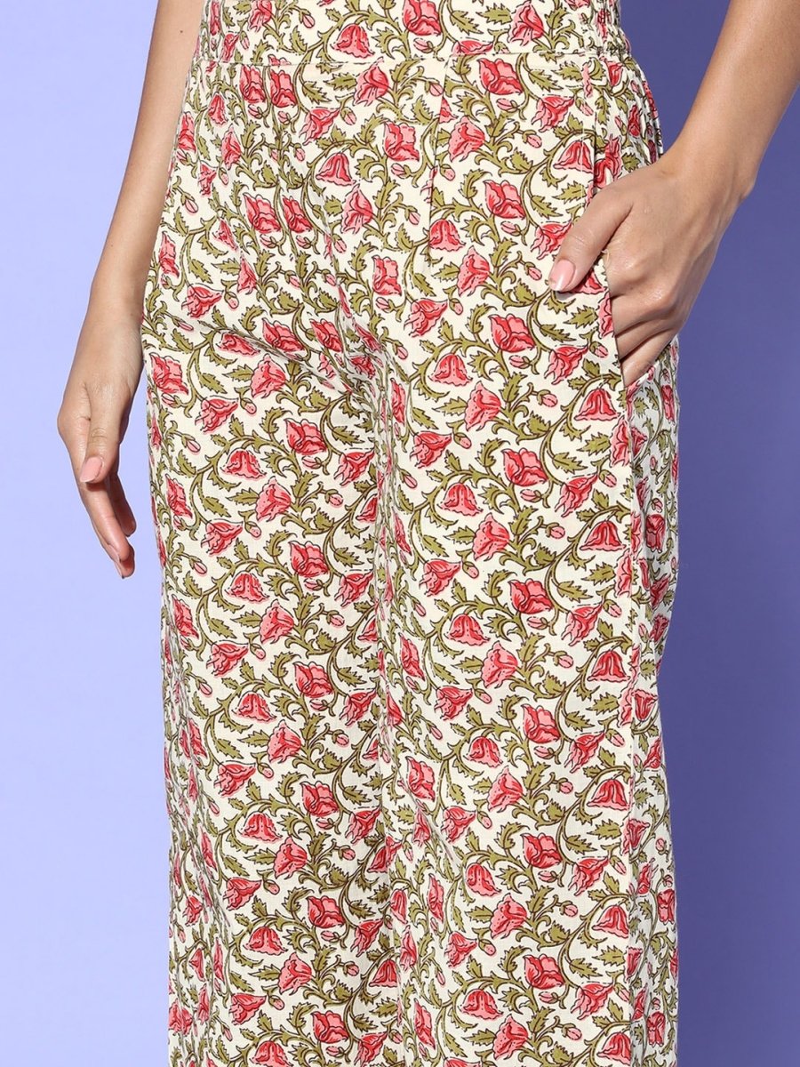 All About You Cream-Coloured Floral Printed Pure Cotton Kurta With Trousers | Grocsy