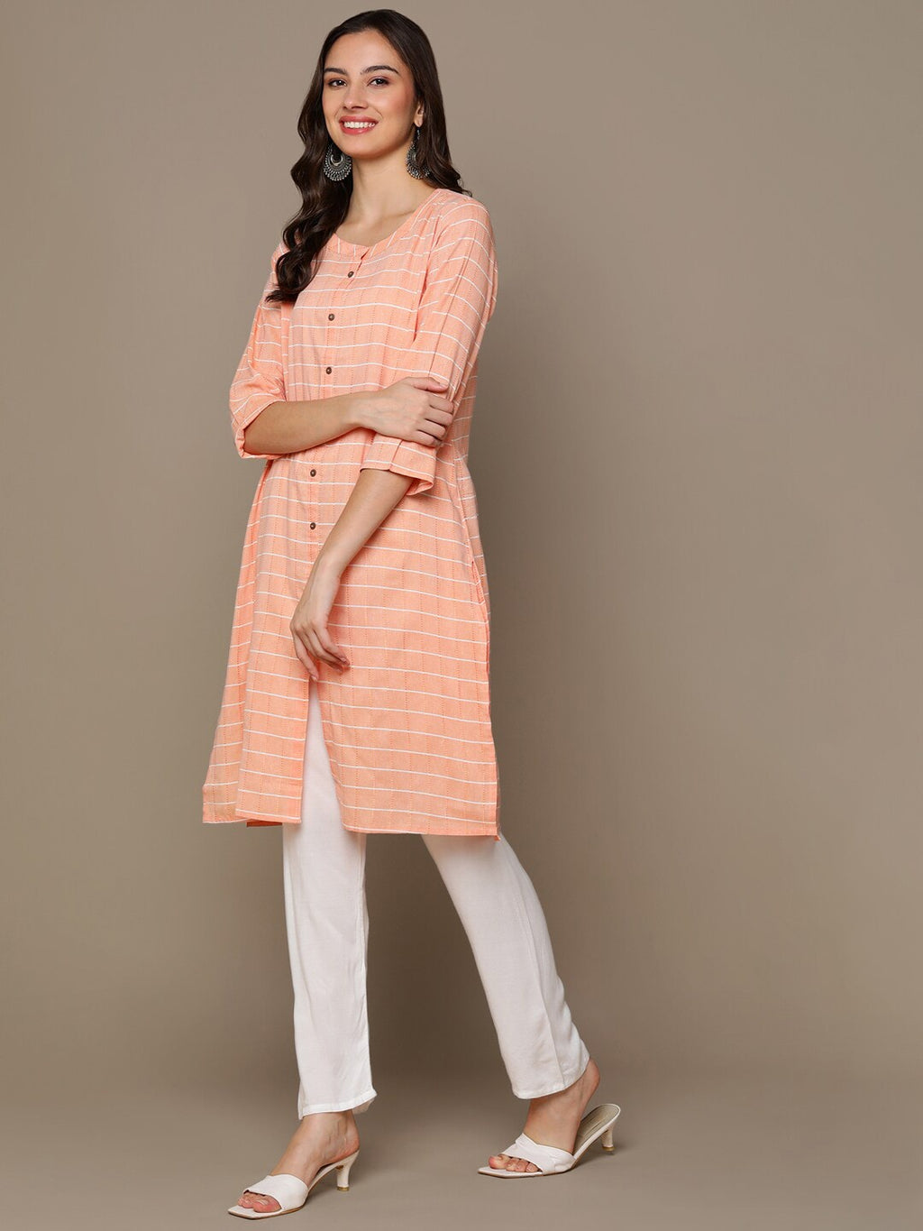 HERE&NOW Orange & White Checked Straight Kurta | Grocsy