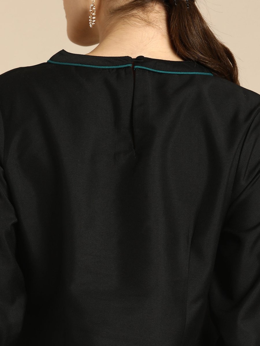 All About You Women Black Floral Yoke Design Regular Thread Work Kurta with Trousers | Grocsy