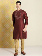 House of Pataudi Men Maroon Floral Yoke Design Jashn Kurta | Grocsy