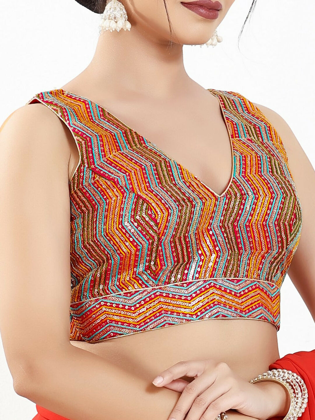 Joban Fashion Red Multi Silk Padded Blouse With V Neck Sleeveless | Grocsy