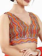 Joban Fashion Red Multi Silk Padded Blouse With V Neck Sleeveless | Grocsy