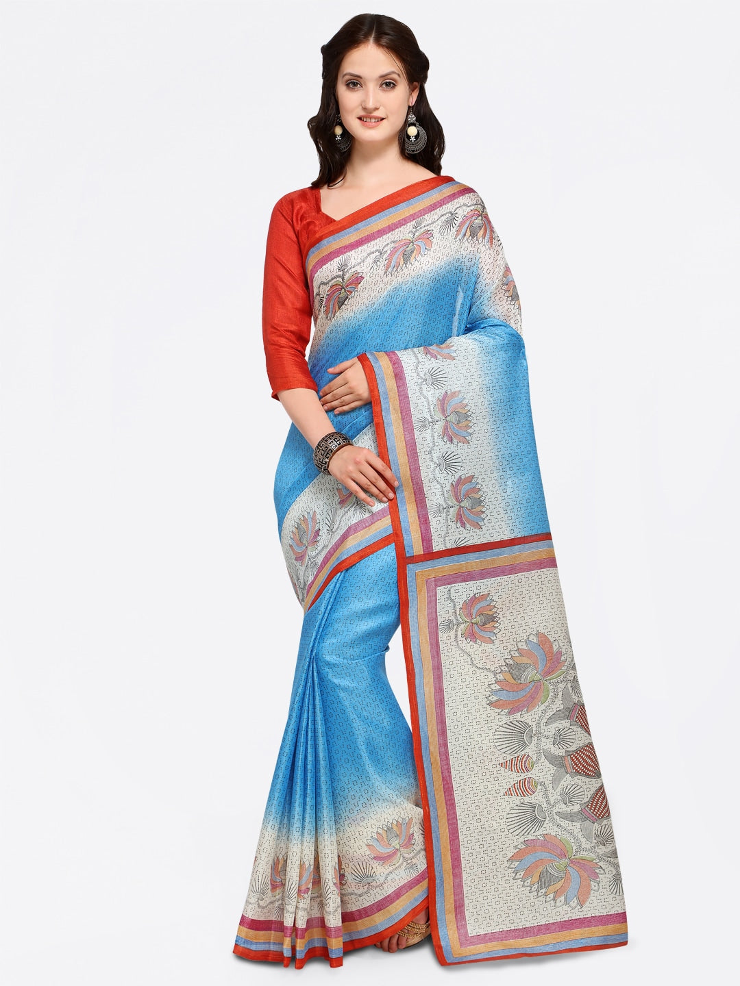 Saree Mall Blue & Beige Art Silk Printed Bhagalpuri Saree | Grocsy