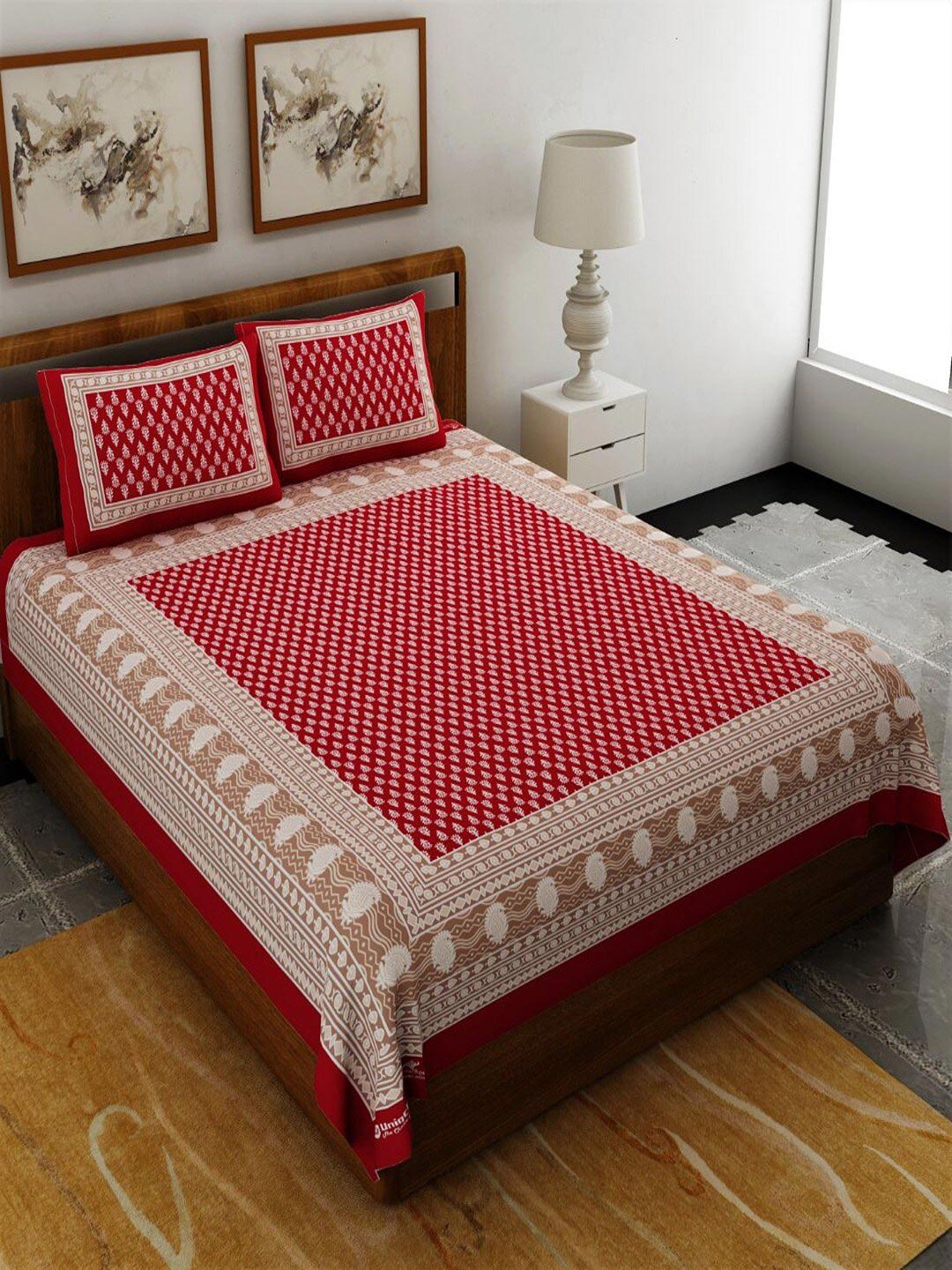UNIQCHOICE Red & White Ethnic Motifs Pure Cotton 120 TC Queen Bedsheet & 2 Pillow Covers | Grocsy