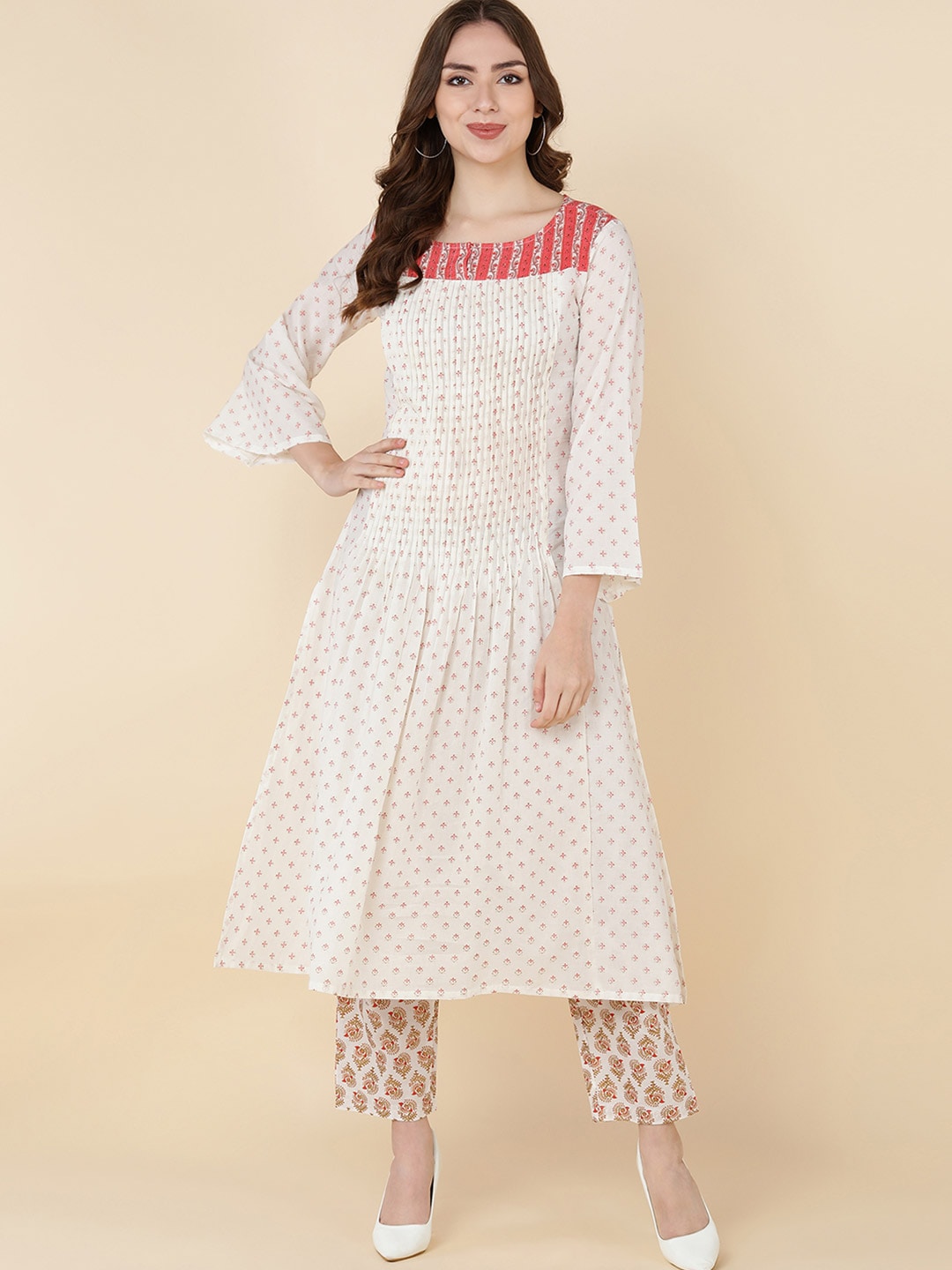 HERE&NOW Women White Floral Printed Pleated Pure Cotton Kurta with Trousers | Grocsy