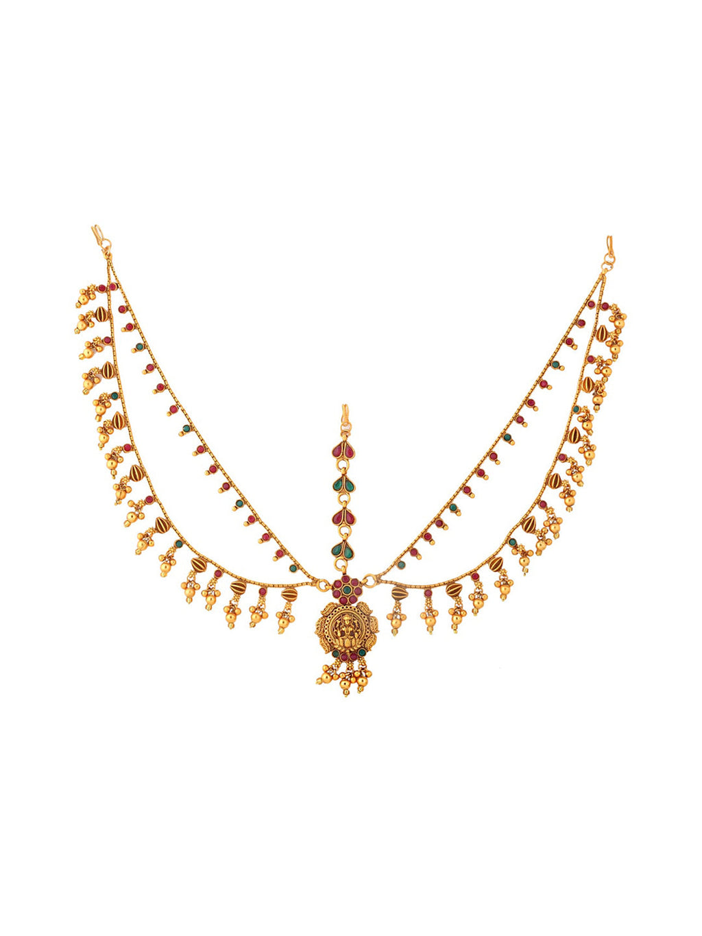 Yellow Chimes Gold-Polished Pink & Green Stone Studded Ghungroo Beaded Mathapatti | Grocsy