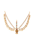 Yellow Chimes Gold-Polished Pink & Green Stone Studded Ghungroo Beaded Mathapatti | Grocsy