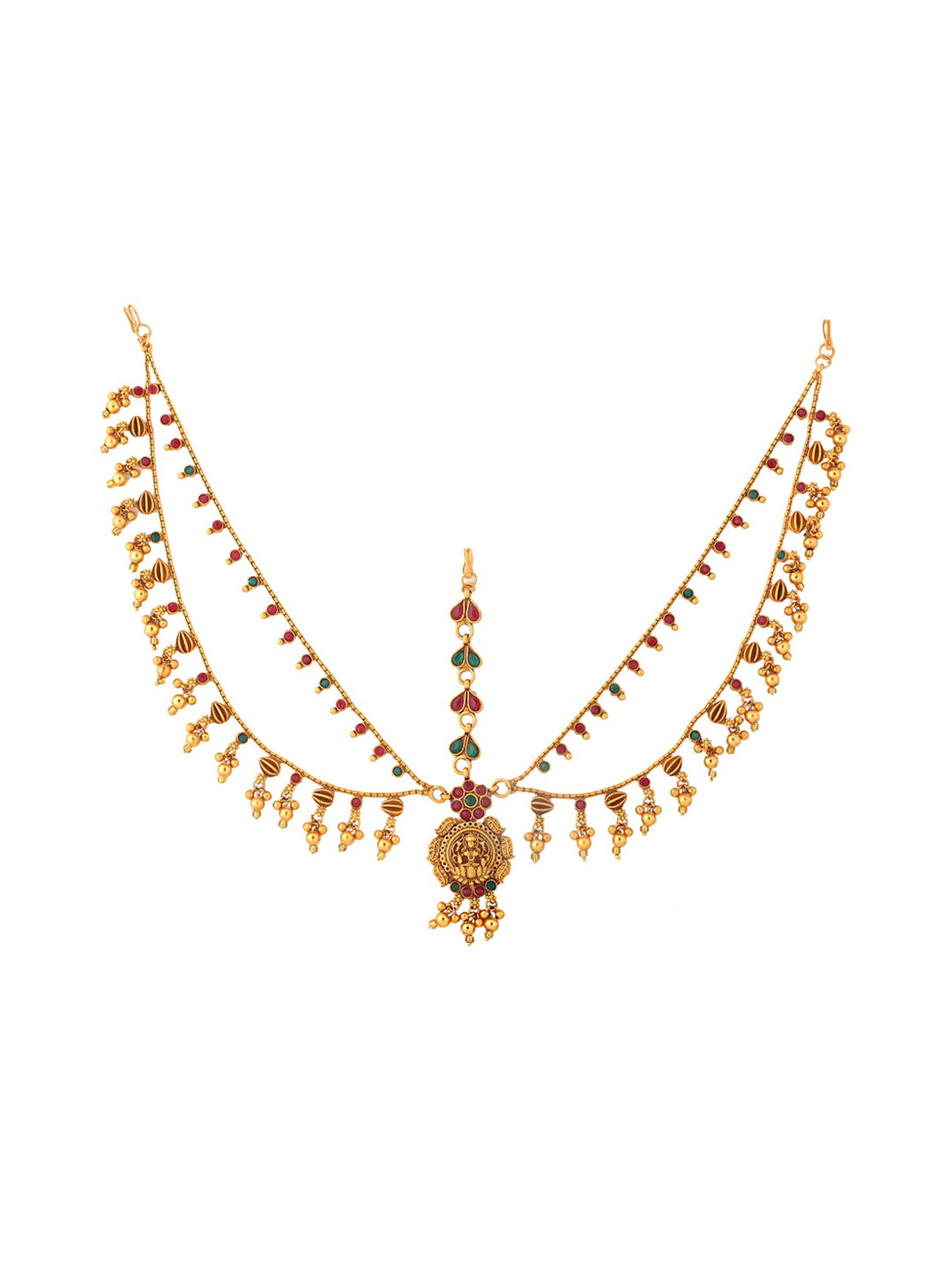Yellow Chimes Gold-Polished Pink & Green Stone Studded Ghungroo Beaded Mathapatti | Grocsy