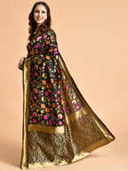 Sangria Black & Pink Floral Zari Silk Blend Banarasi Saree | Grocsy