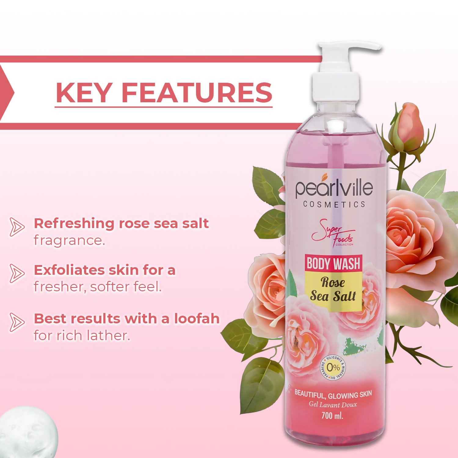 Pearlville Super Foods Collection Rose Sea Salt Body Wash | Grocsy