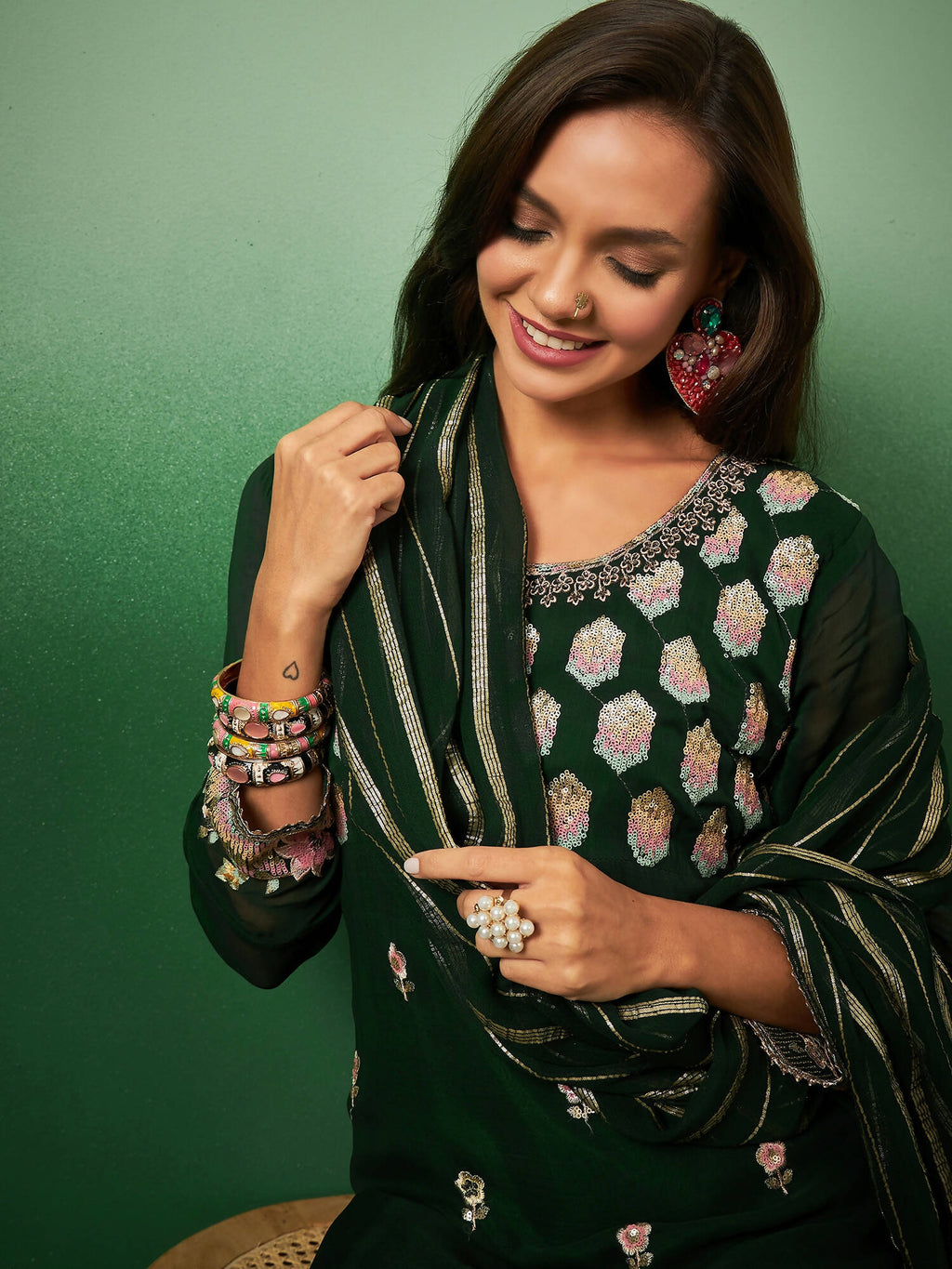 Green Georgette Handwork Unstitched Dress Material - Hanika | Grocsy