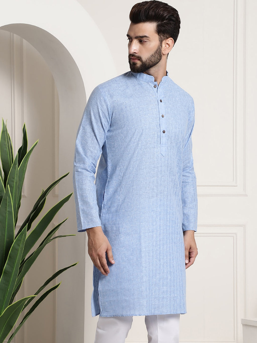 Sojanya Men Blue Dobby Self-Checked Straight Kurta | Grocsy