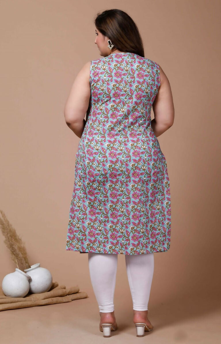 Miravan Women's Plus Size Blue Floral Printed Sleeveless Straight Kurta | Grocsy