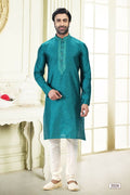 Raivat Ethnic Jacquard Banarasi Silk Thread Work Kurta Pajama In Blue Colour | Grocsy