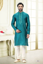 Raivat Ethnic Jacquard Banarasi Silk Thread Work Kurta Pajama In Blue Colour | Grocsy