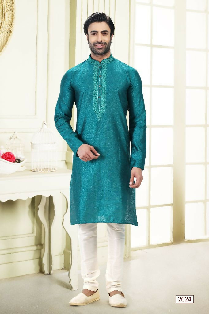Raivat Ethnic Jacquard Banarasi Silk Thread Work Kurta Pajama In Blue Colour | Grocsy