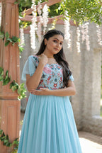 Jyoti Fashion Women's Sky Blue Sequins Thread Embroidery Faux Georgette Anarkali Dress | Grocsy