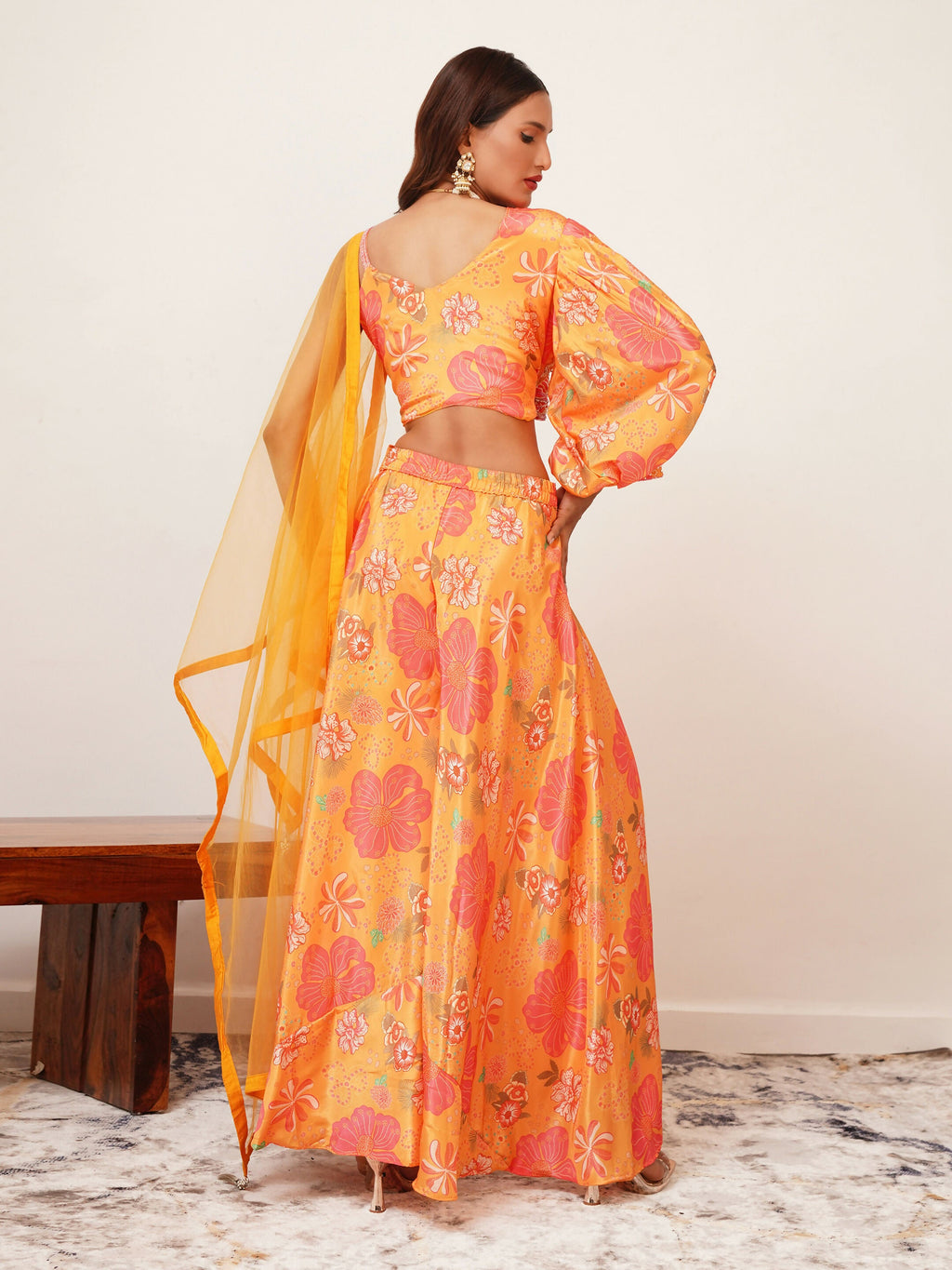 Orange Digital Chinon Handwork Top with Palazzo & Dupatta - Naomika | Grocsy