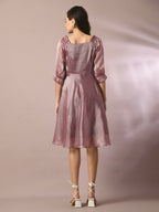 Myshka Women's Brown Solid Square Neck Fit and Flare Party Dress | Grocsy