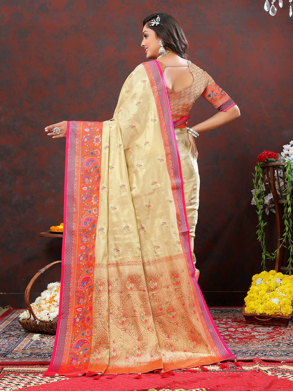 Lorenvalley Fashion Cream Kanjivaram Silk Woven Design with Zari Weaving Saree | Grocsy