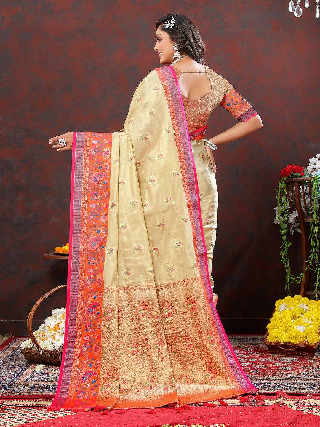 Lorenvalley Fashion Cream Kanjivaram Silk Woven Design with Zari Weaving Saree | Grocsy