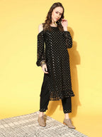 Ahalyaa Women Black Colour Georgette Gold Foil Printed Kurta Pant Set | Grocsy