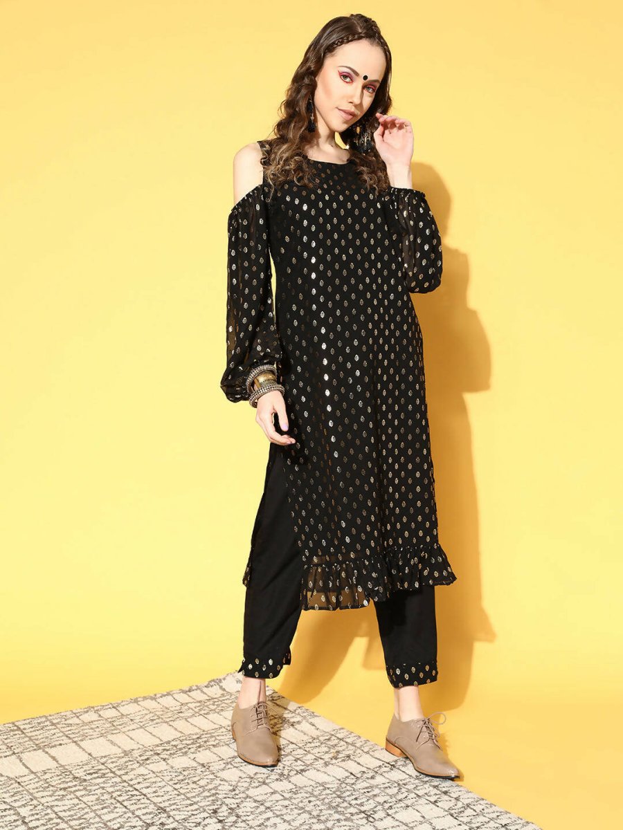 Ahalyaa Women Black Colour Georgette Gold Foil Printed Kurta Pant Set | Grocsy
