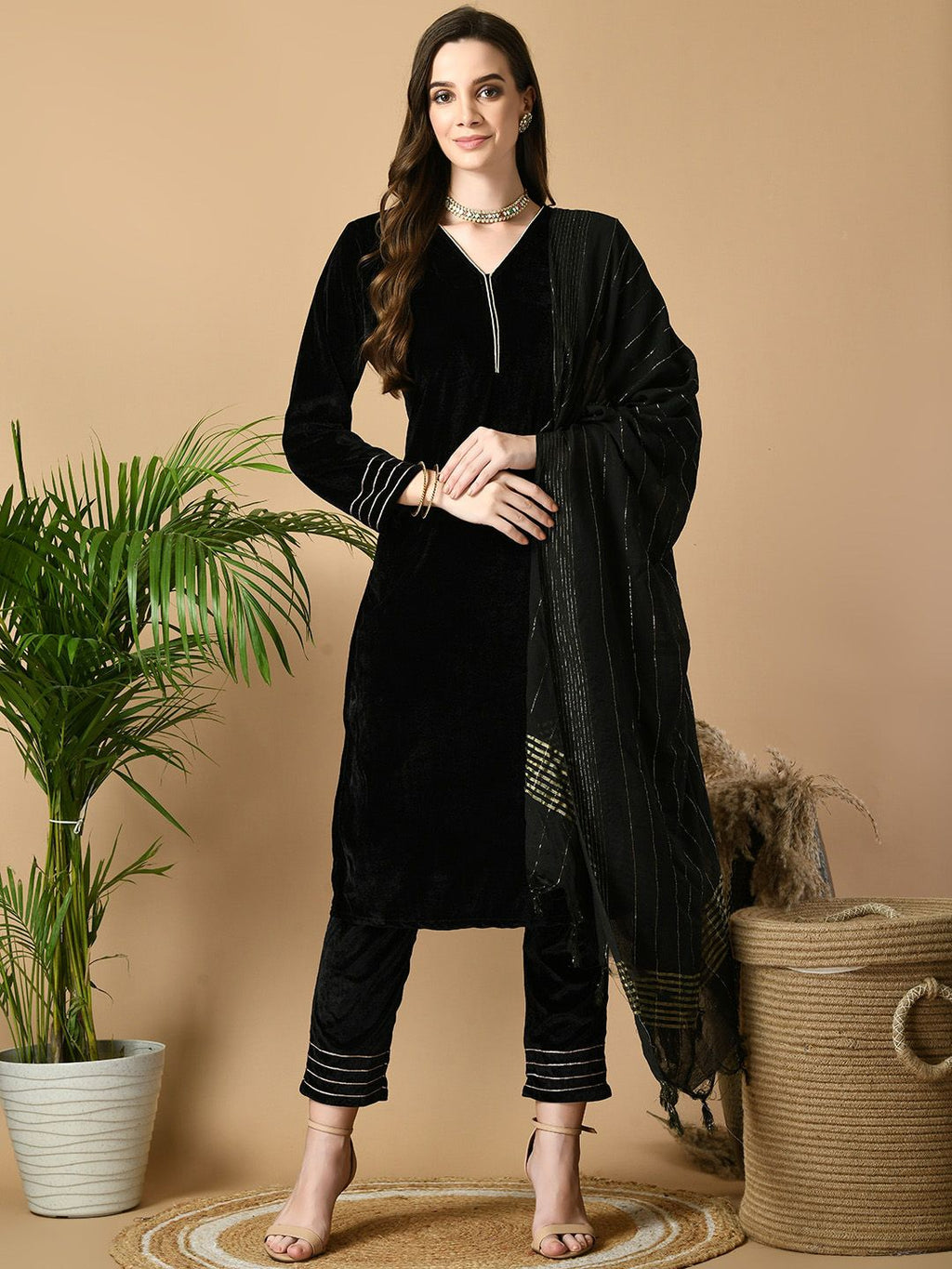 Sangria Black V-Neck Regular Velvet Kurta with Trousers & Dupatta | Grocsy