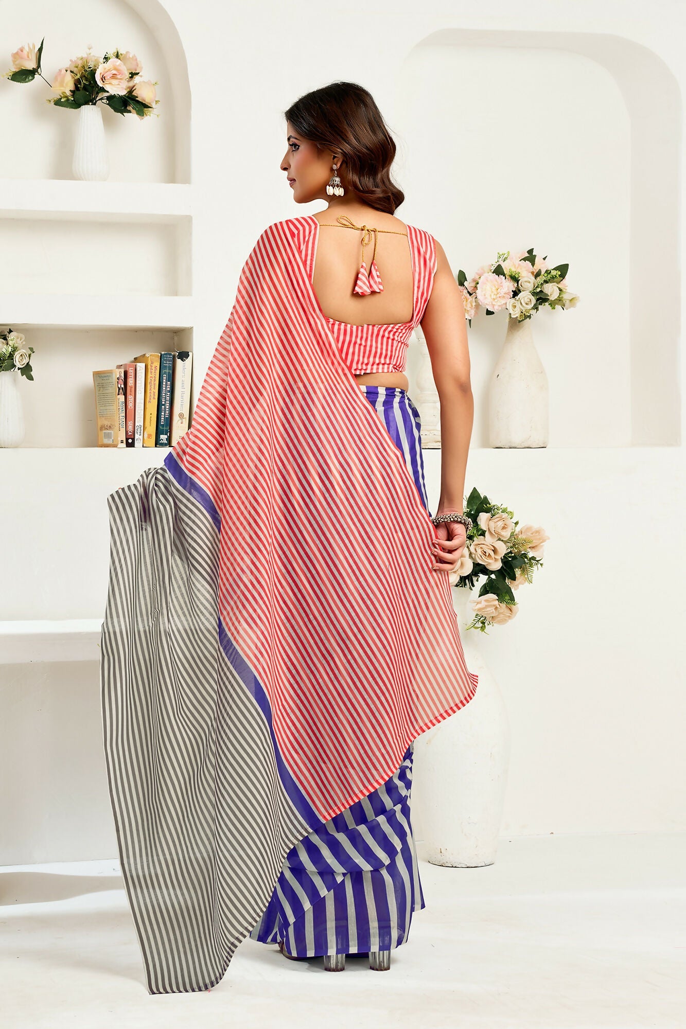 Vastranavya Royal Blue Digital Printed Linen Ready To Wear Designer Saree with Unstitched Blouse | Grocsy