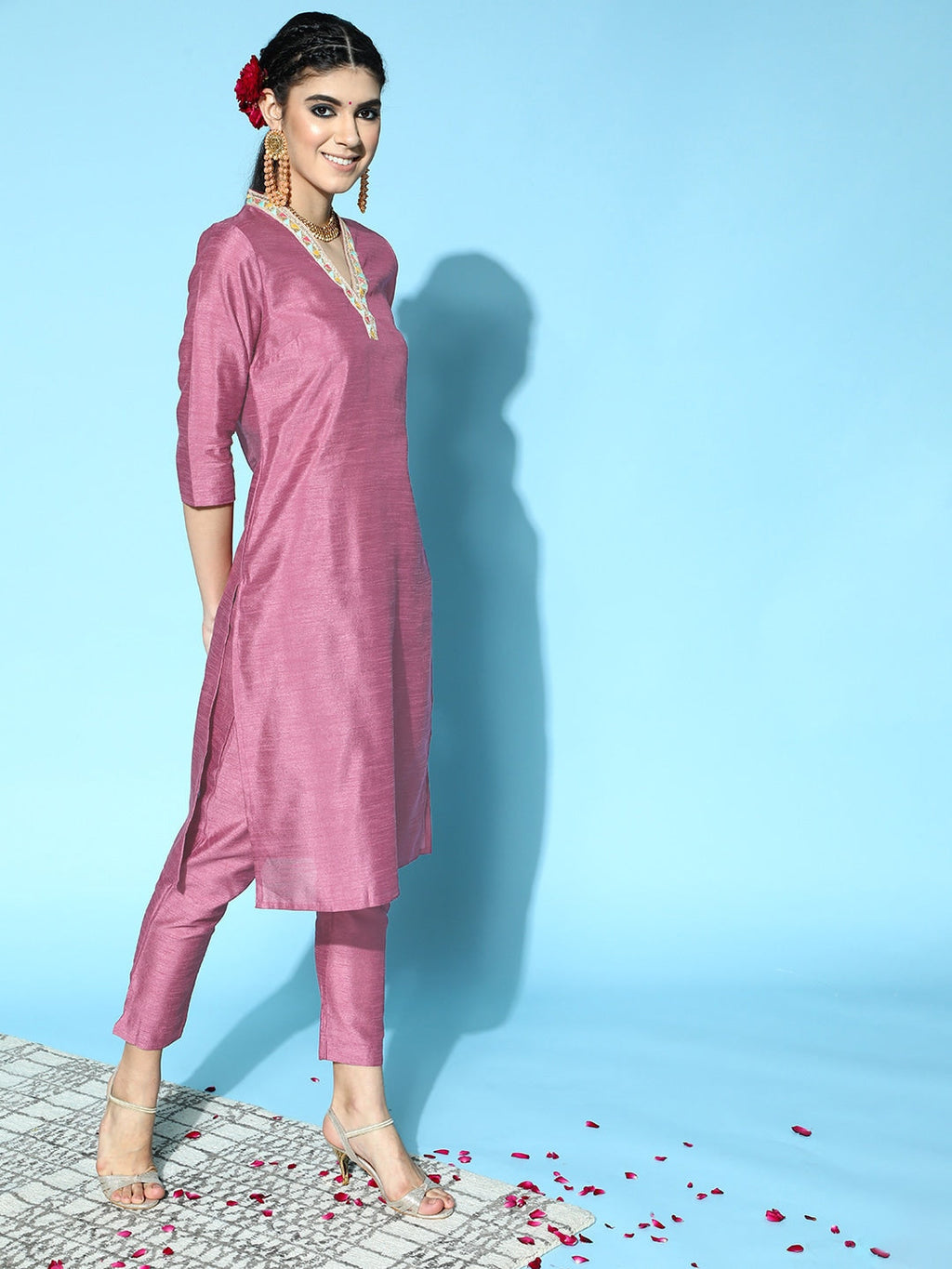 Sangria Women Mauve Yoke Design Straight Kurta with Trousers | Grocsy