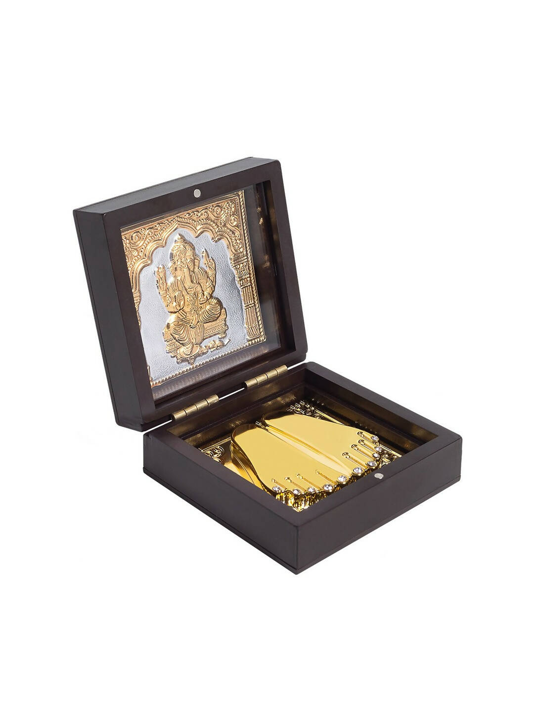 Golden Peacock Brown Wooden Ganesha Prayer Box | Grocsy