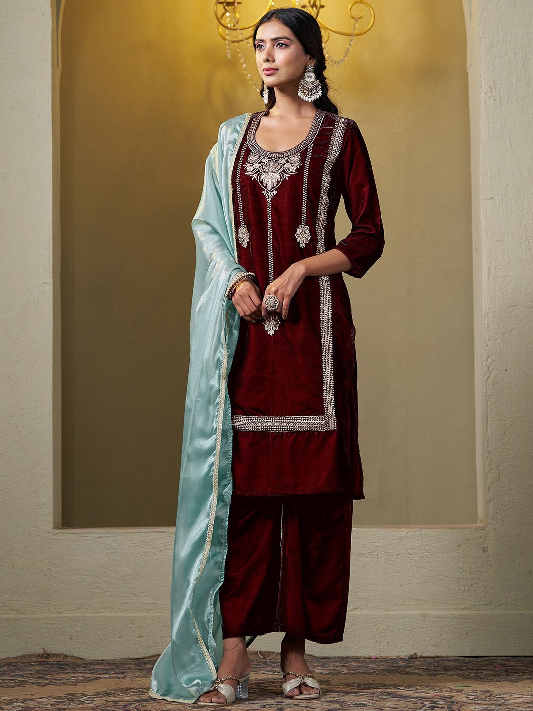 Sangria Embroidered Kurta & Trouser With Dupatta | Grocsy