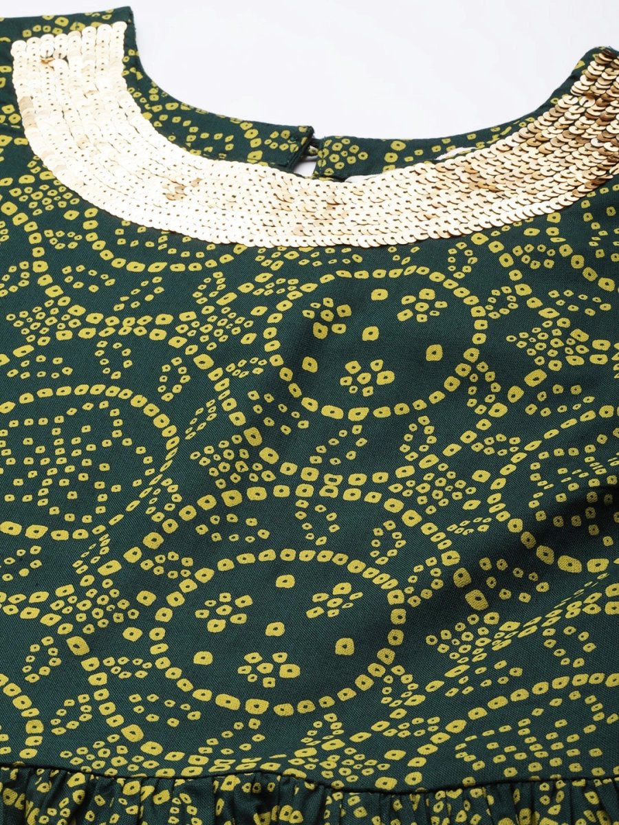 All About You Women Green Bandhani Printed Gathered Sequinned Kurti with Palazzos | Grocsy