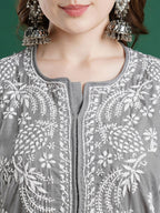 ADA Women Grey & White Chikankari Embroidered Straight Kurta | Grocsy