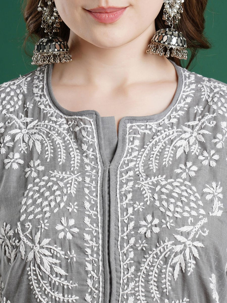 ADA Women Grey & White Chikankari Embroidered Straight Kurta | Grocsy