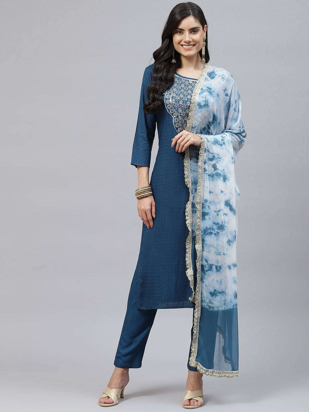 HERE&NOW Women Blue Embroidered Kurta with Trousers & Dupatta | Grocsy