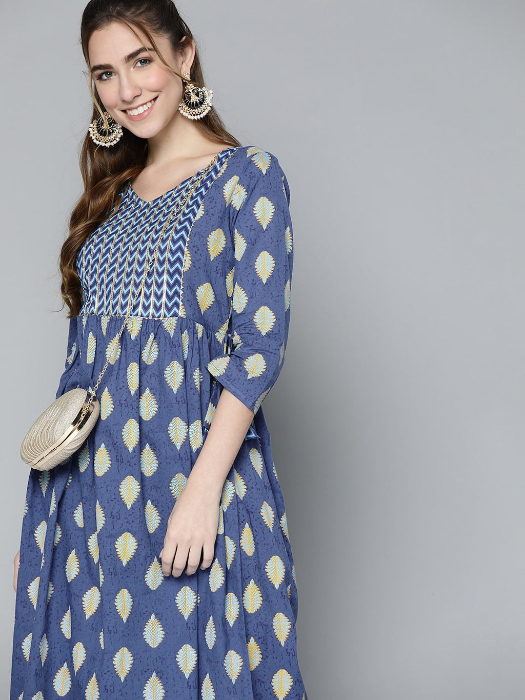 HERE&NOW Women Navy Blue & Mustard Yellow Ethnic Printed Gotta Patti Pure Cotton Kurta | Grocsy