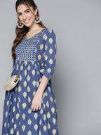 HERE&NOW Women Navy Blue & Mustard Yellow Ethnic Printed Gotta Patti Pure Cotton Kurta | Grocsy