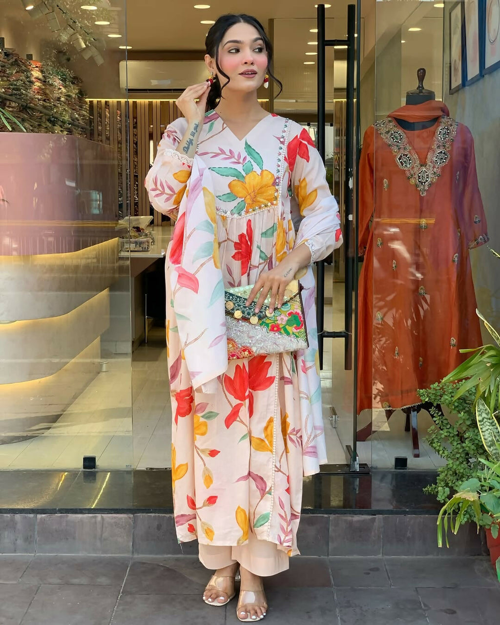 The52 Peach Women's Gorgeous Cotton Fabric Printed Work Straight Kurta Pant and Dupatta Set | Grocsy