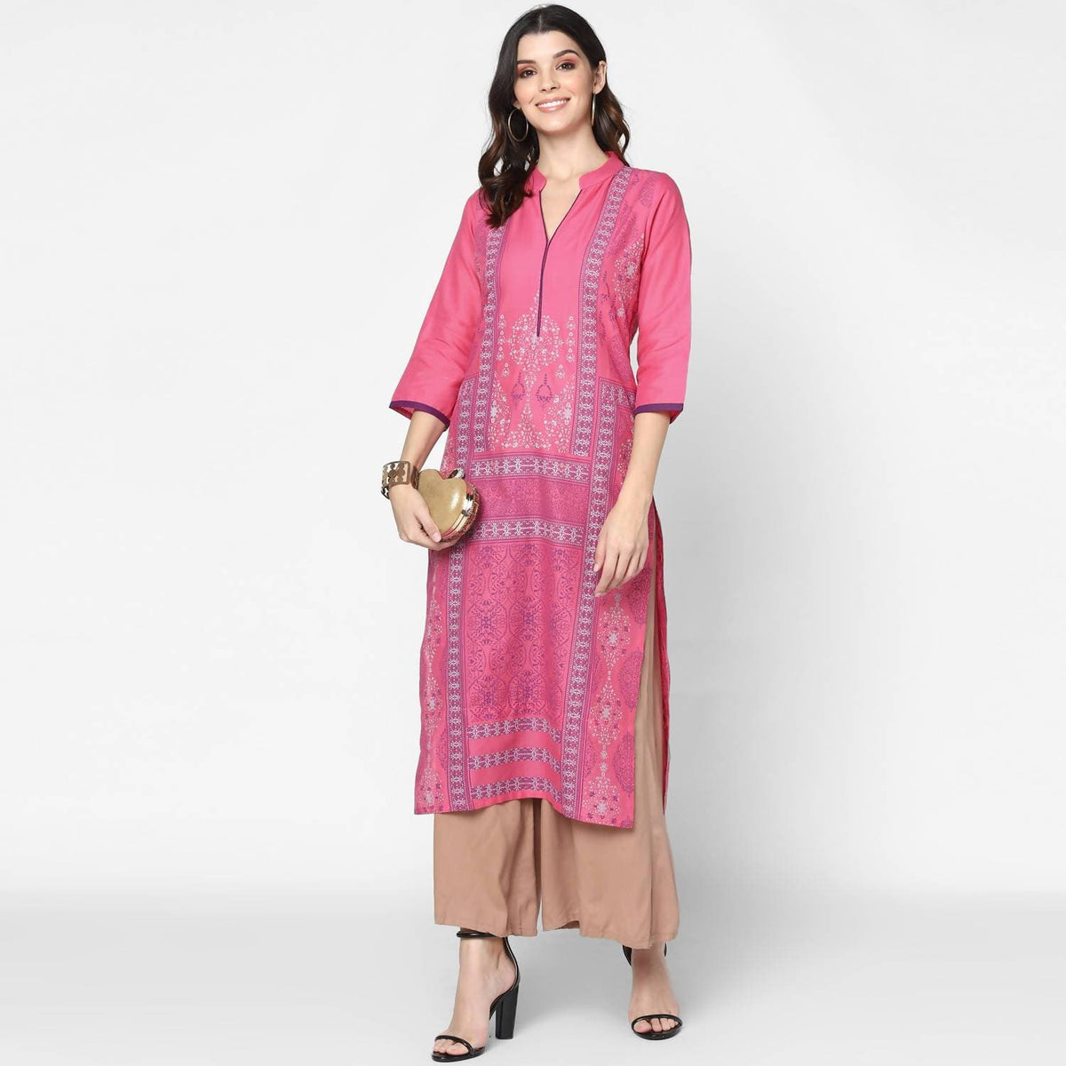 Cheera Hand Block Print Baby Pink Straight Kurta (MAAI-048K) | Grocsy