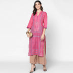 Cheera Hand Block Print Baby Pink Straight Kurta (MAAI-048K) | Grocsy