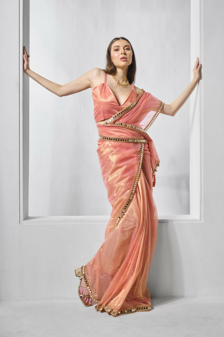 Orange Gold Tissue Net Solid & Gold Cotted Saree - Samaa | Grocsy