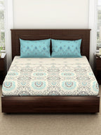 SPACES Reagalis Cream Ethnic Motifs 140 TC Cotton Queen Bedsheet & 2 Pillow Covers | Grocsy