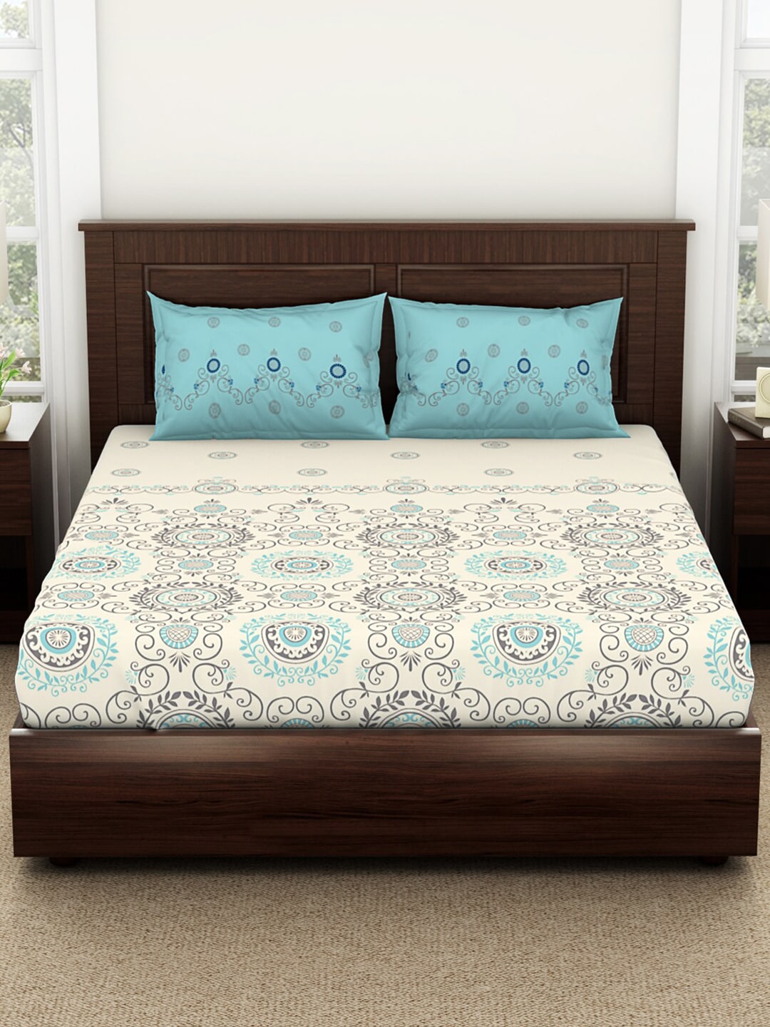 SPACES Reagalis Cream Ethnic Motifs 140 TC Cotton Queen Bedsheet & 2 Pillow Covers | Grocsy