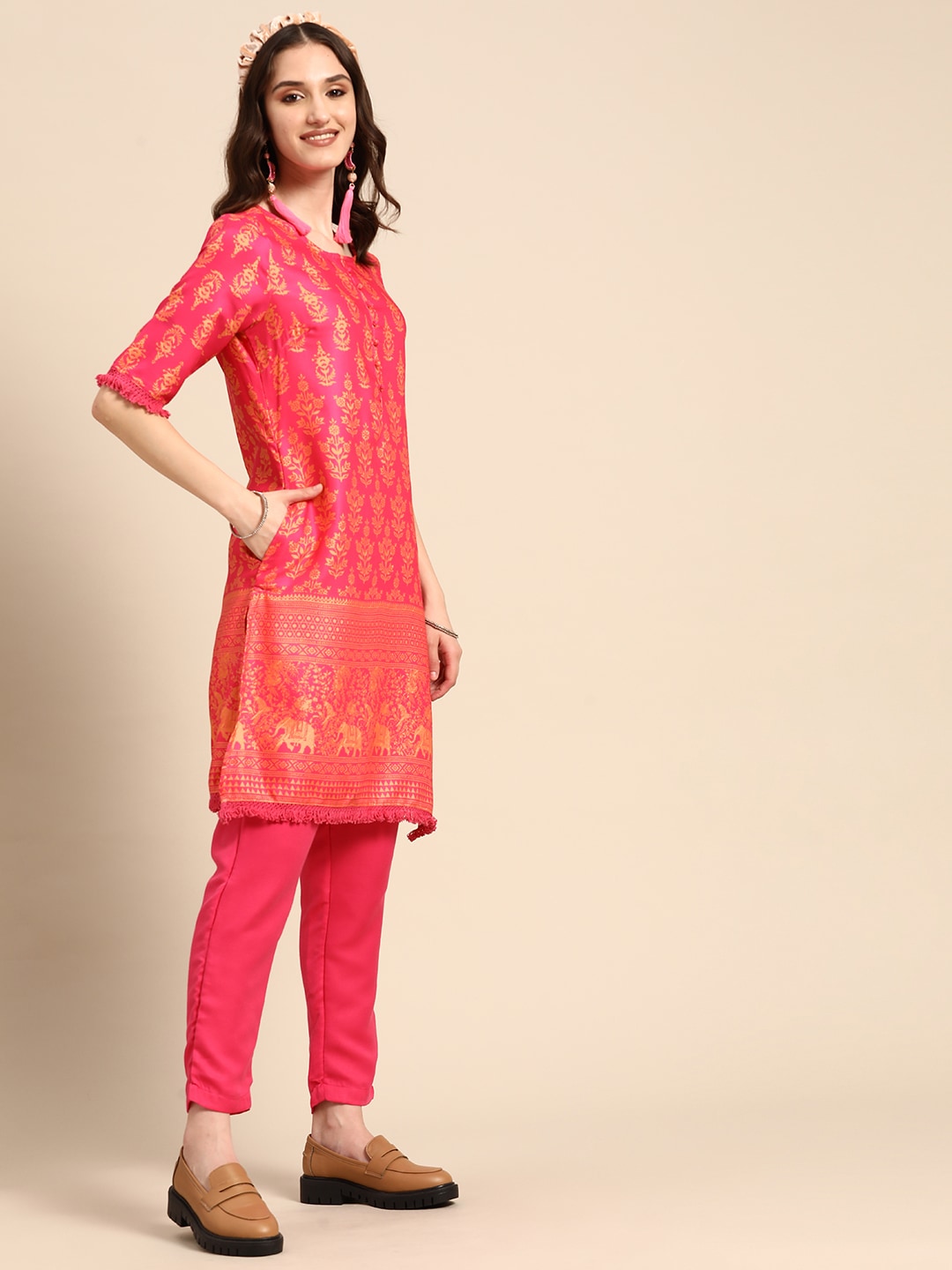 Sangria Women Pink & Yellow Ethnic Motifs Printed Kurta with Trousers | Grocsy