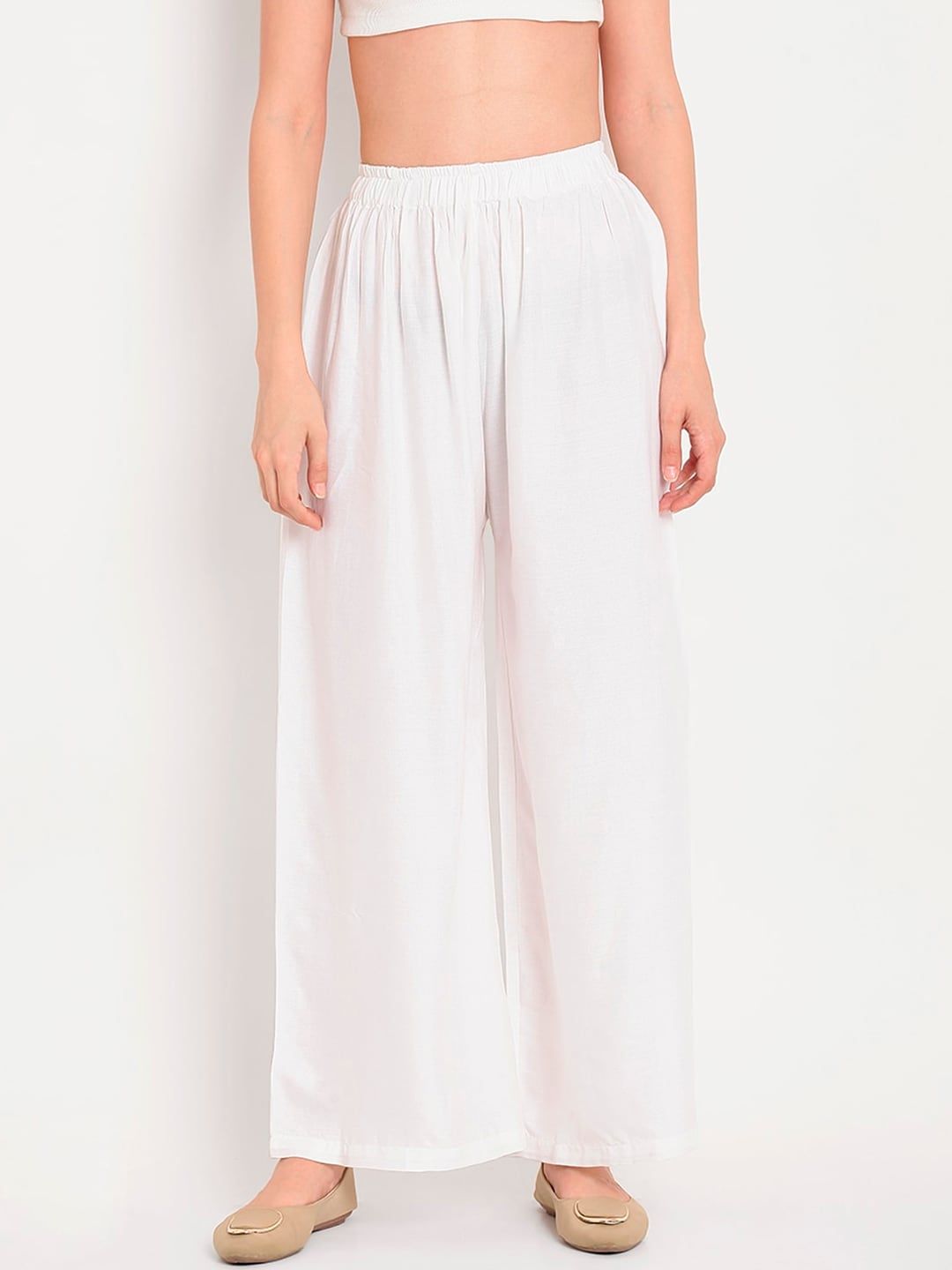 TAG 7 Women White Solid Flared Palazzos | Grocsy